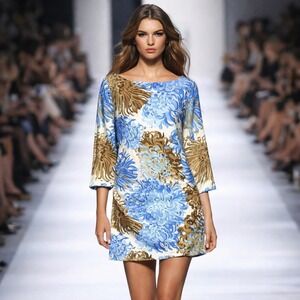 J. McLaughlin Large Mini Dress Blue Floral 3/4 Sleeve Stretch Mini Sheath Luxury